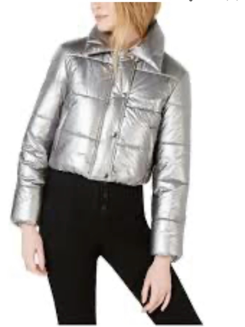 Bar III Silver Cropped Puffer Jacket - Women